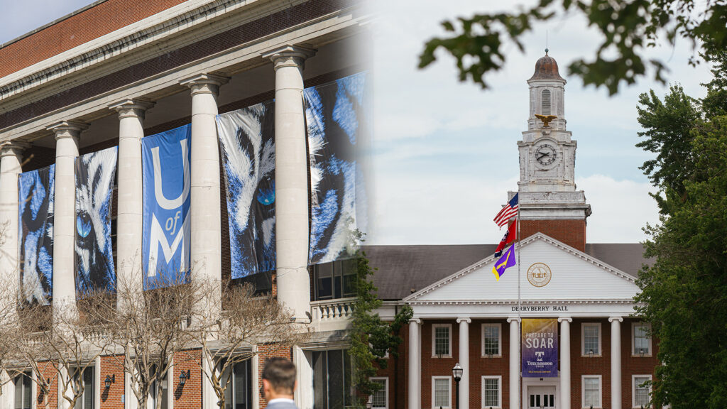 A split image of two university buildings: one with large columns and a blue banner reading "U of M," the other with a clock tower and multiple flags in front. Trees are visible near both buildings.