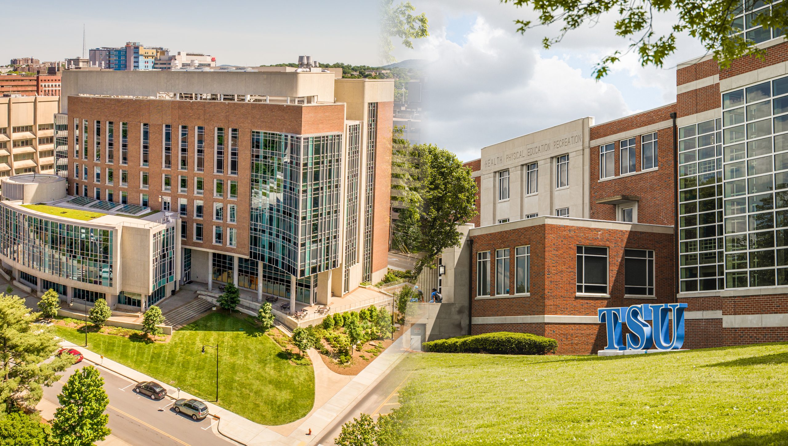 Split image showing two university campuses with modern and older red-brick buildings, large windows, green lawns, and a TSU sign in front of one building under a partly cloudy sky.