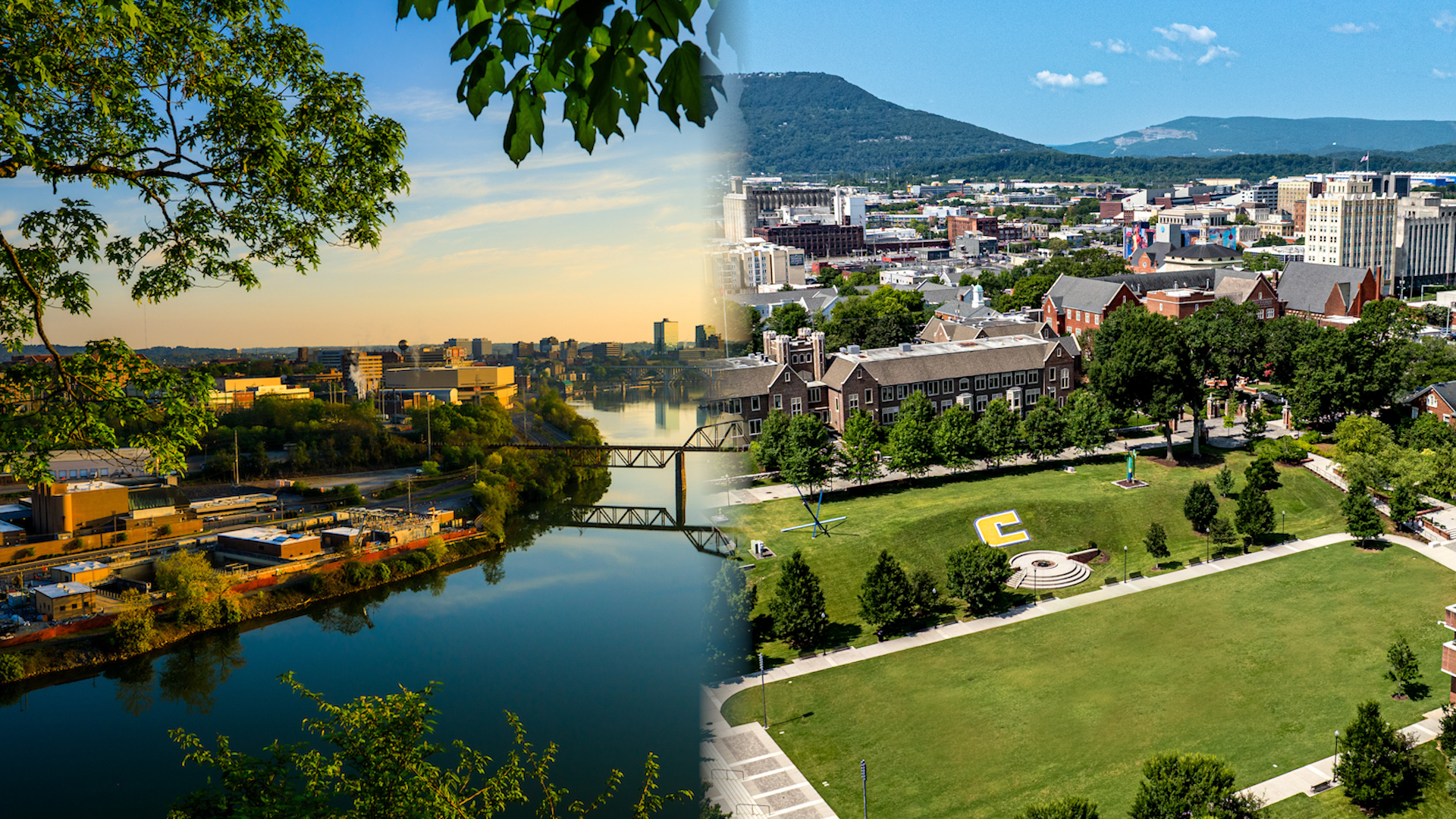 A split image shows a river and cityscape on the left at sunset, with a bridge spanning the water, and a vibrant university campus and city buildings on the right under a clear blue sky with mountains in the background.