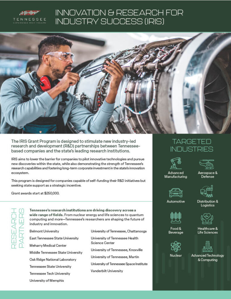 A technician wearing safety glasses inspects an aircraft engine. Text explains the IRIS Grant Program for research and industry partnerships in Tennessee, with targeted industries and research partners listed on the right.