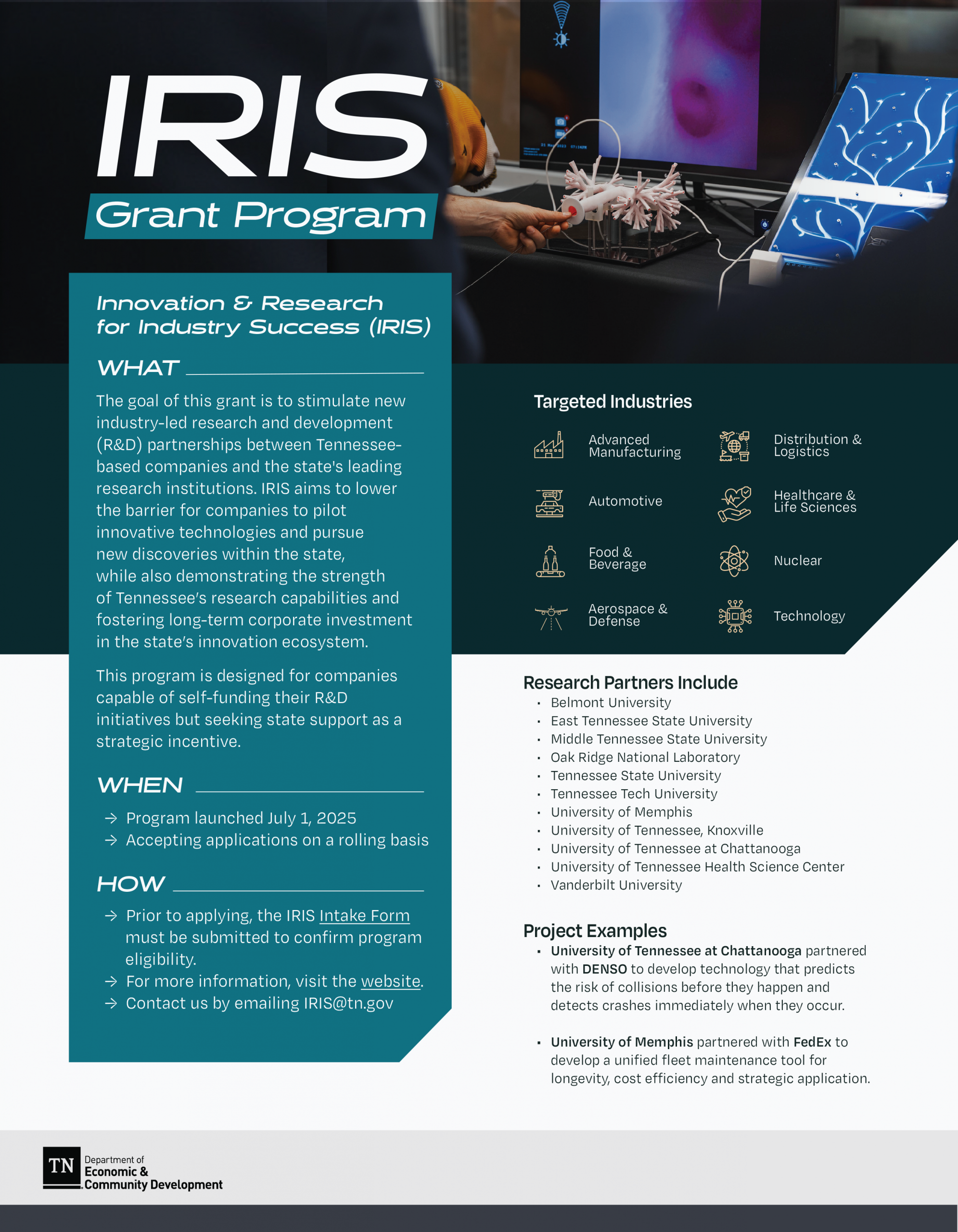 Informational flyer for the IRIS Grant Program by Tennessee Department of Economic & Community Development, detailing its purpose to support industry-led research partnerships, target industries, partners, timeline, and contact details.