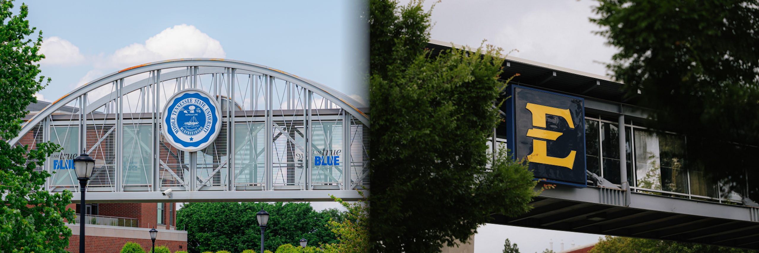 A split image shows two pedestrian bridges. The left bridge has a circular blue university seal and "True Blue" banners. The right bridge features a large navy banner with a gold letter "E" surrounded by trees.