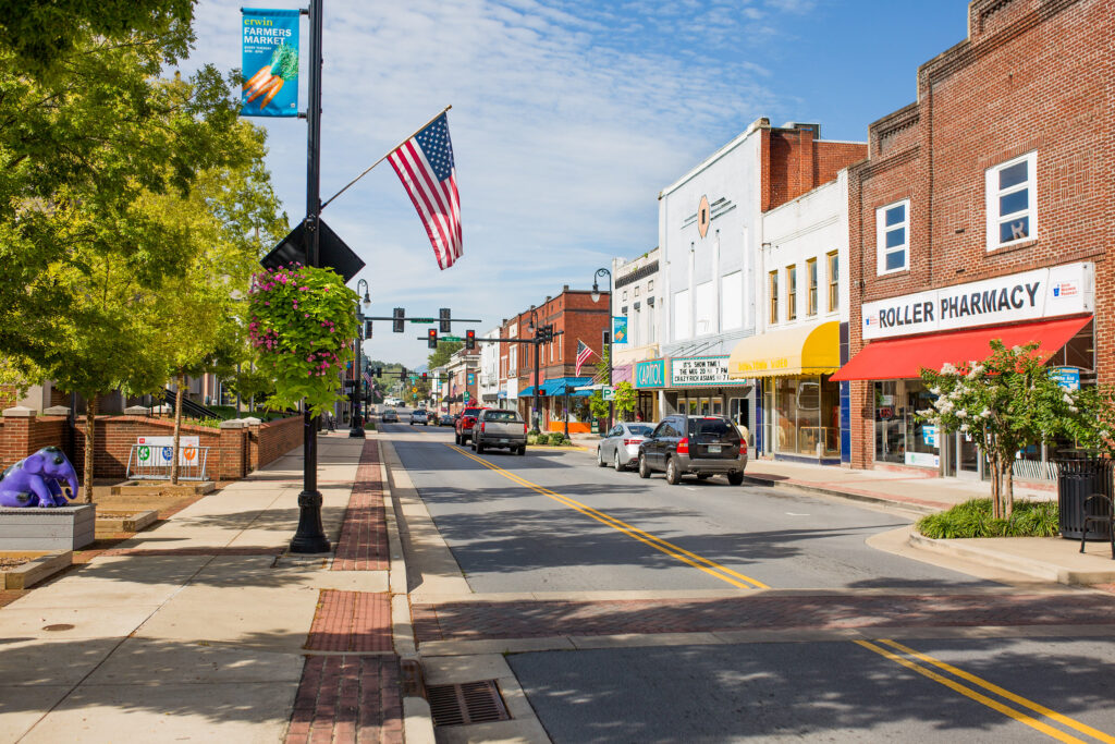 A small-town main street with brick buildings, storefronts, parked cars, an American flag, and a "ROLLER PHARMACY" sign; a sunny day with trees and a sidewalk lining the road.