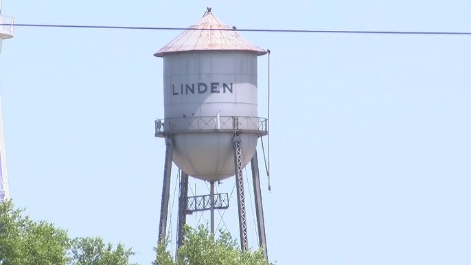A tall, silver water tower labeled "LINDEN" stands on four metal legs above green treetops against a clear blue sky.