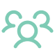 Mint green icon of three stylized people on a light background, with one person in the front center and two behind on each side, representing a group or community.