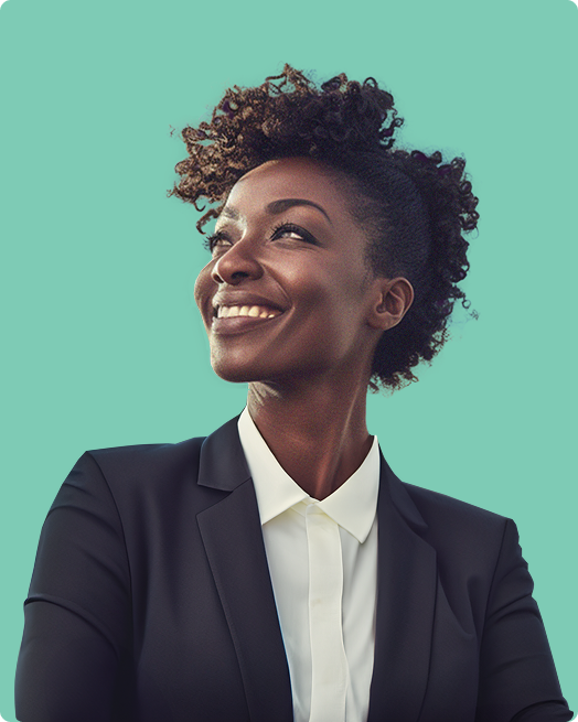 A smiling woman in a black blazer and white shirt looks upward against a light teal background. Her curly hair is styled up, and she exudes confidence and positivity.