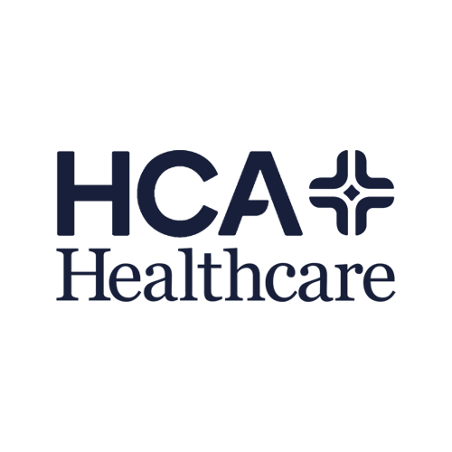 HCA Healthcare logo with bold navy blue text and a stylized cross symbol on a light gray background.