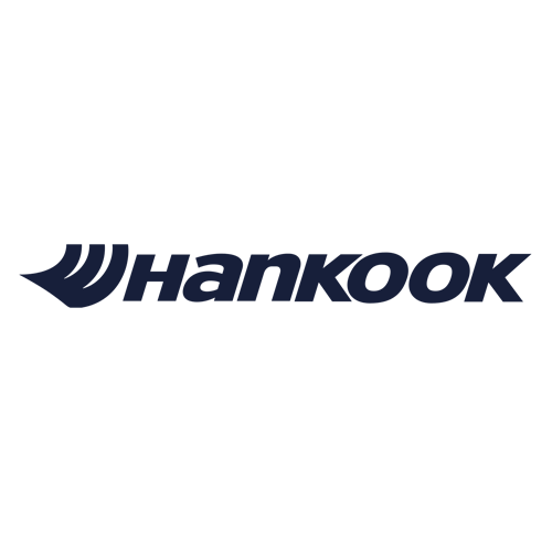 The image shows the Hankook logo with "hankook" written in bold, dark blue lowercase letters, and a stylized swoosh graphic to the left of the text. The background is light gray.