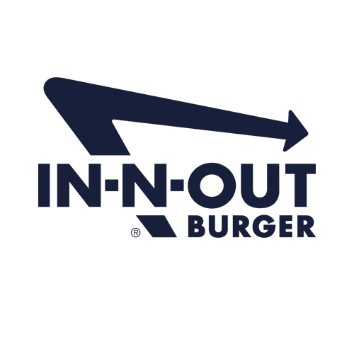 In-N-Out Burger logo featuring bold navy blue text and a stylized arrow pointing to the right above the words "IN-N-OUT BURGER" on a light background.