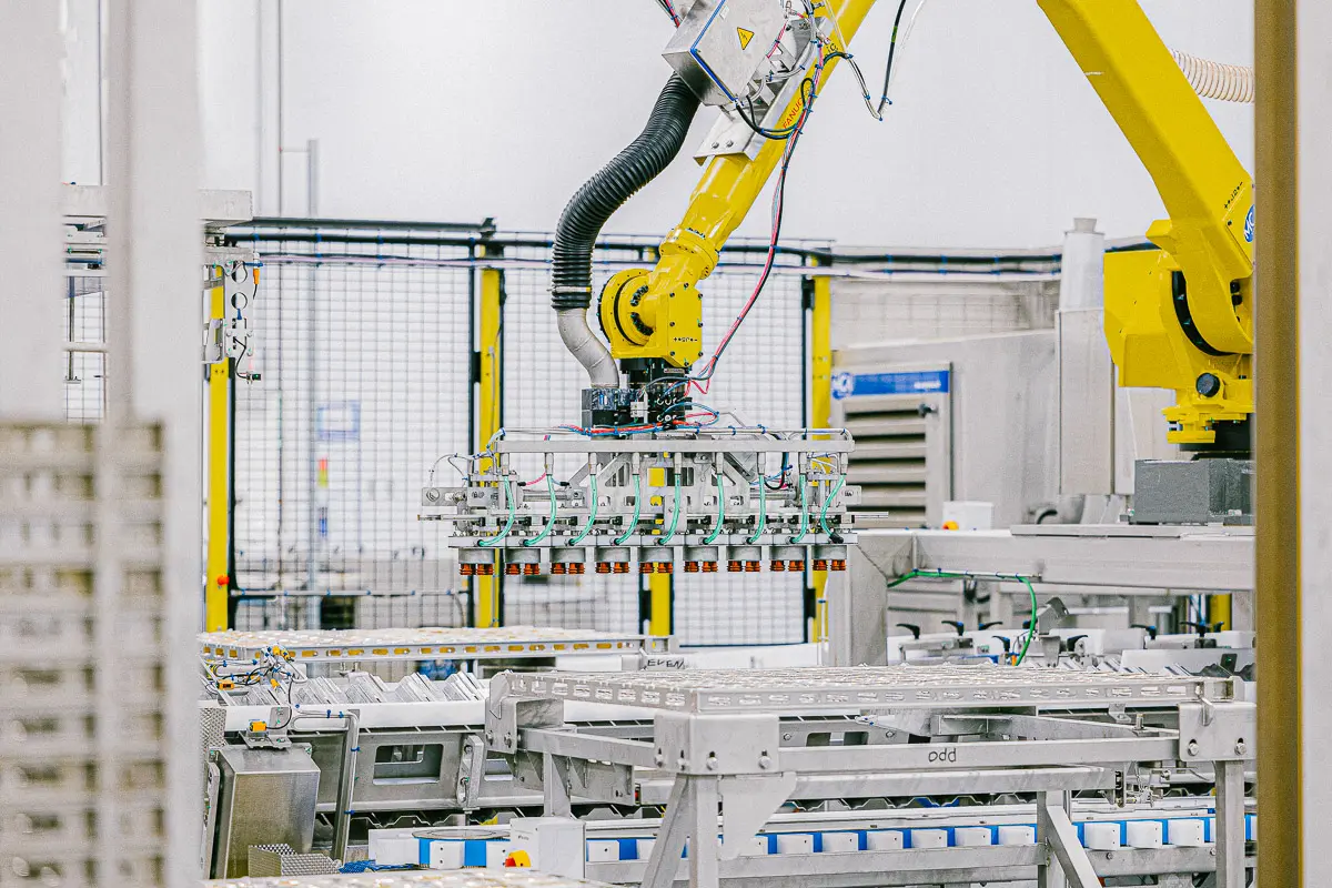 A yellow industrial robot arm with a gripper attachment is positioned over a conveyor system in a modern factory setting, surrounded by metal structures and safety barriers.