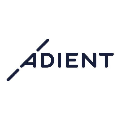 The image shows the Adient logo, with the word "ADIENT" in dark blue, modern sans-serif letters. A diagonal blue line starts before the "A" and cuts across its left side. The background is light gray.