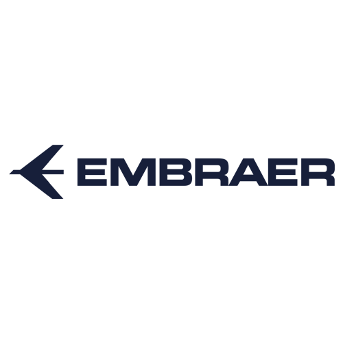 Embraer logo featuring a stylized blue aircraft icon pointing left, followed by the word "EMBRAER" in bold, blue uppercase letters on a white background.