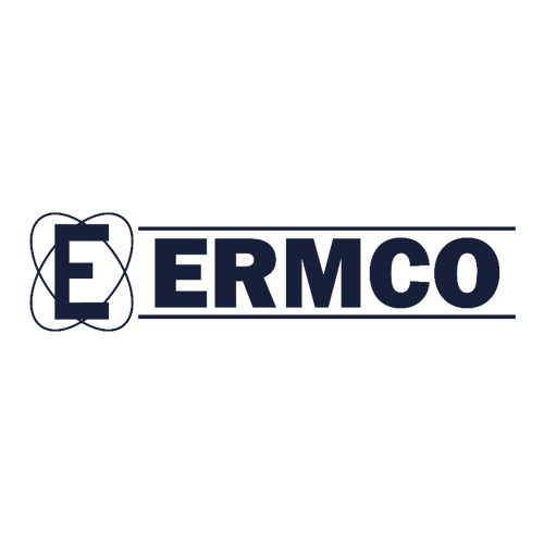 ERMCO logo: The letters "ERMCO" in bold, dark blue font with a stylized letter "E" on the left, featuring overlapping oval lines resembling an atom. Horizontal lines extend from the "E" above and below "ERMCO.