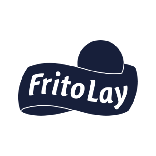 The image shows a dark blue Frito-Lay logo with a wave-like banner and a circle above it, containing the brand name "FritoLay" in white, bold letters. The background is light gray.