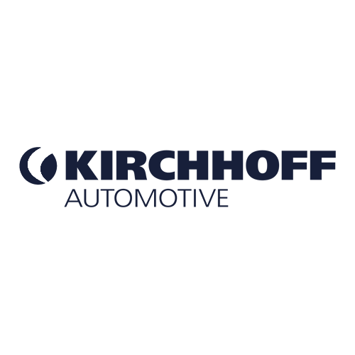 The image shows the Kirchhoff Automotive logo, featuring a dark blue crescent graphic to the left of the bold text "KIRCHHOFF" with "AUTOMOTIVE" in smaller letters below, all on a light background.