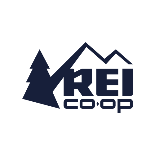 REI Co-op logo featuring a stylized pine tree and mountain peaks integrated with the bold text "REI CO-OP" in dark blue on a light background.