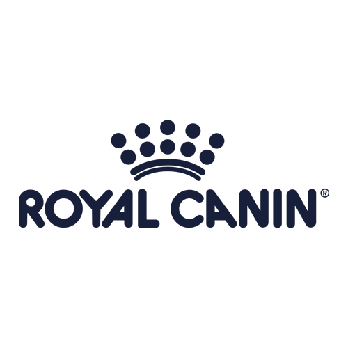 Royal Canin logo featuring the brand name in bold, rounded letters with a stylized crown composed of dots above the text, all in dark blue on a light background.