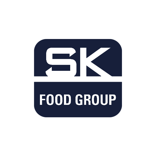 Logo of SK Food Group with bold, white letters “SK” above a horizontal line, and “FOOD GROUP” in white below, all set against a dark blue rounded rectangle on a light background.