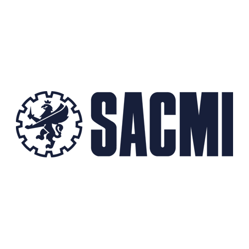 The image shows the SACMI logo, featuring a stylized gear emblem with a figure holding a tool inside it, next to the bold, uppercase text "SACMI" on a light background.