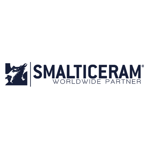 Logo for Smalticeram featuring a stylized silhouette of a dragon in a square on the left, with the text "SMALTICERAM WORLDWIDE PARTNER" in bold navy letters on a light background.