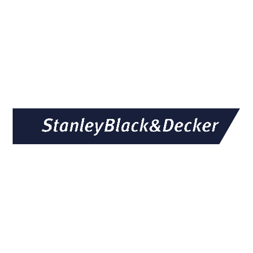 Logo for Stanley Black & Decker, featuring the company name in white italic font on a dark blue, angled rectangular background.