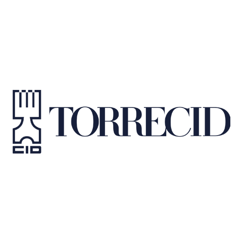 The image shows the TORRECID logo with bold, stylized navy-blue text next to an abstract geometric symbol resembling a column or tower on a light gray background.