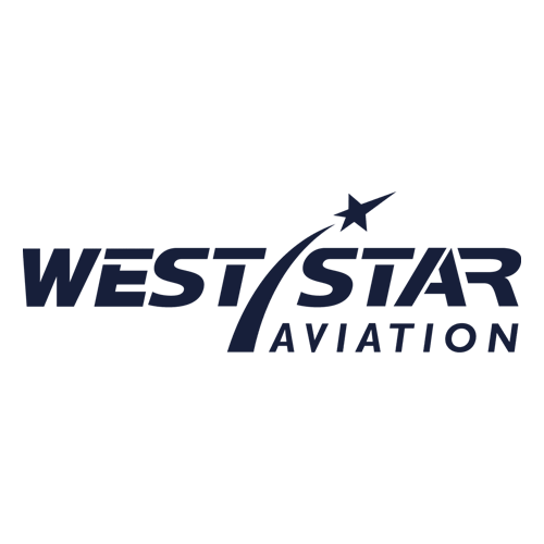 West Star Aviation logo with dark blue text. A curved line with a star above it arches over the word "STAR," and the word "AVIATION" appears in uppercase letters below "STAR.