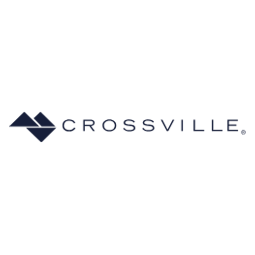 The image shows the Crossville logo, featuring a dark blue geometric shape resembling two overlapping triangles to the left of the word "CROSSVILLE" in uppercase, thin, sans-serif letters on a light background.