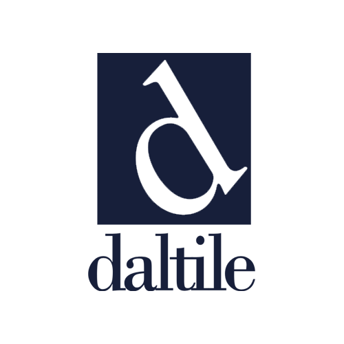The image shows the Daltile logo with a large, stylized white lowercase “d” inside a dark blue square, and the word “daltile” in lowercase dark blue letters beneath it on a light gray background.