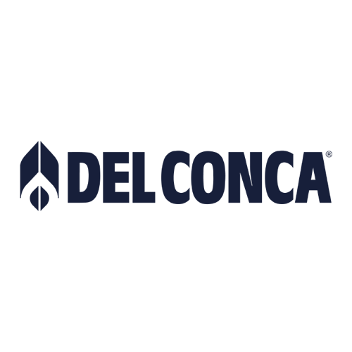 The image shows the DEL CONCA logo in bold, dark blue uppercase letters with a geometric icon to the left, featuring an arrow-like design. The background is light gray.