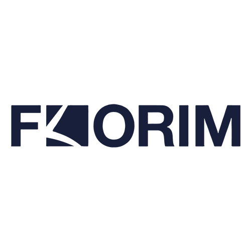 The image shows the word "FLORIM" in bold, dark blue letters on a light background, with the "L" stylized as a square containing diagonal and curved white lines.