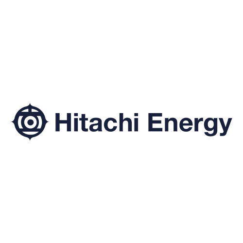 Hitachi Energy logo featuring a dark blue circular icon with four outward points, positioned to the left of the words "Hitachi Energy" in bold, dark blue text on a light background.