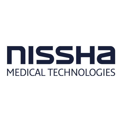 Nissha Medical Technologies logo with "Nissha" in bold, modern navy blue font above "Medical Technologies" in smaller, lighter navy blue letters, on a light gray background.