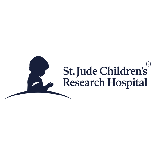 Logo of St. Jude Children’s Research Hospital featuring the silhouette of a child sitting and looking down beside the hospital’s name in dark blue text on a light background.