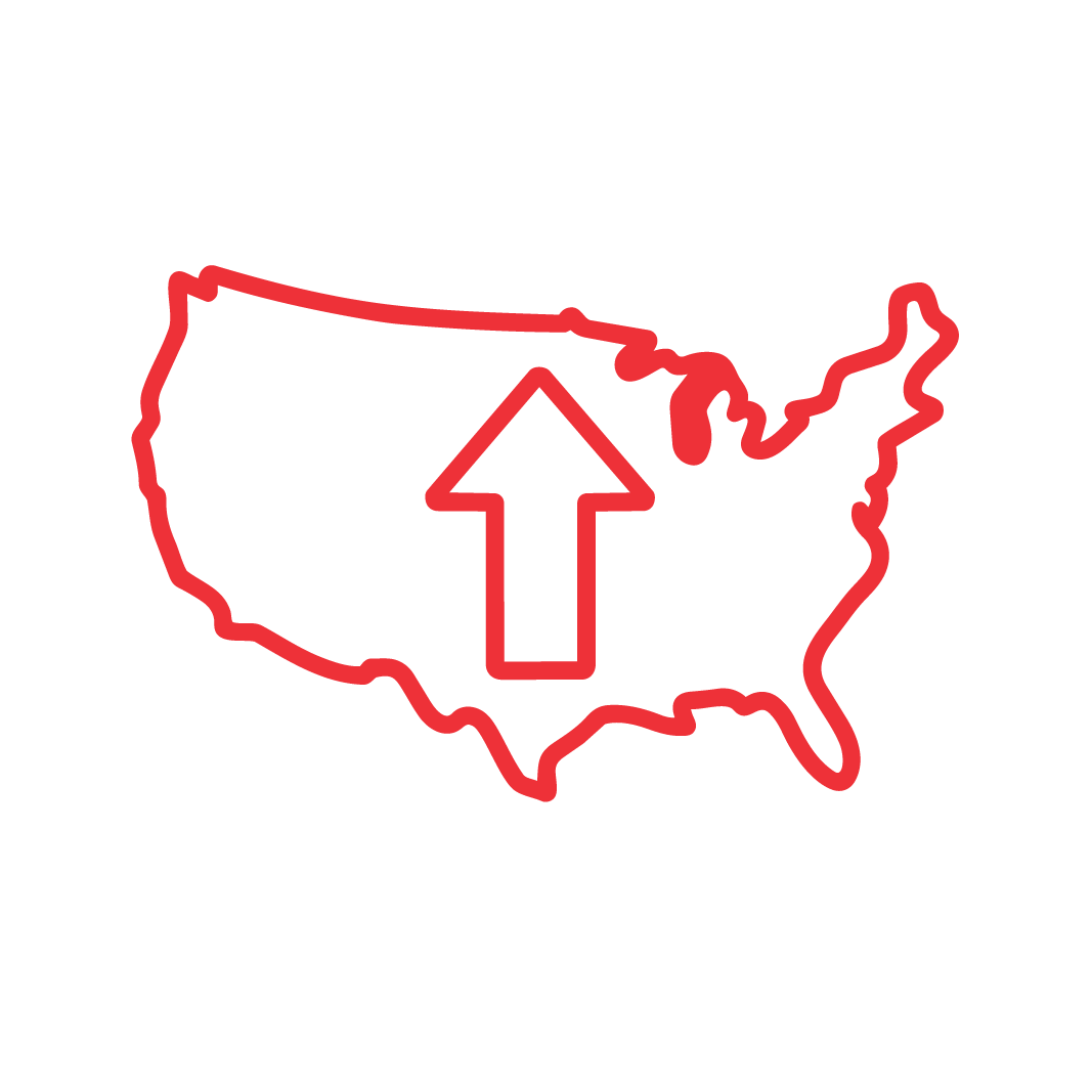 A red outline of the United States with a bold upward arrow in the center, symbolizing growth or increase within the country, on a plain white background.