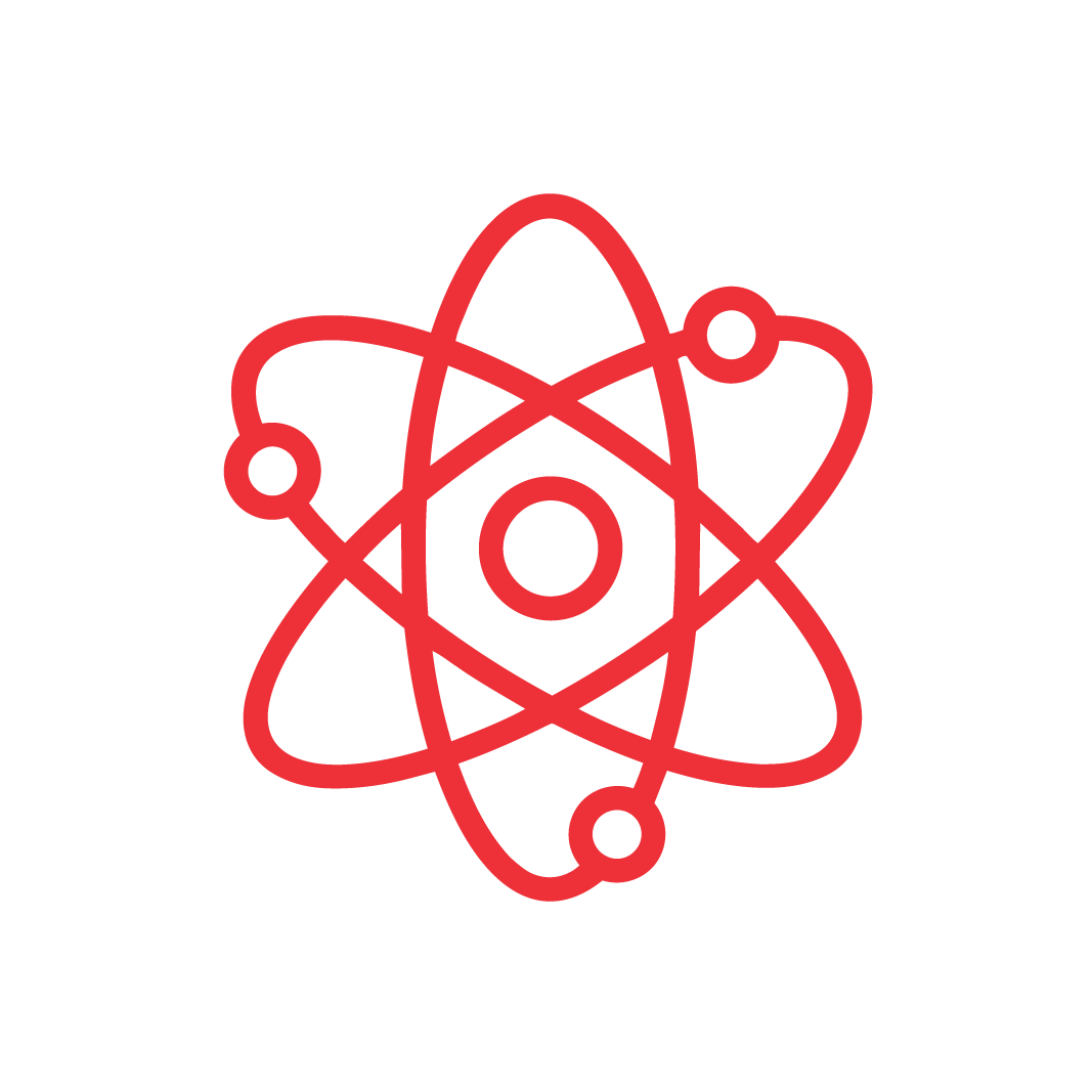 Red line drawing of an atom with a central circle and three elliptical orbits, each with a small circle representing electrons, on a light gray background.