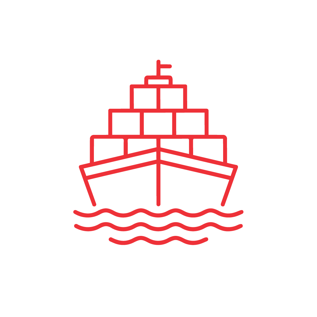 Red line drawing of a cargo ship carrying stacked containers, sailing on wavy water, depicted on a plain white background.