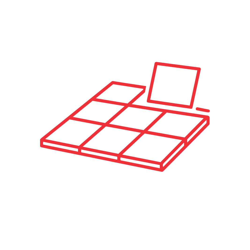 A red outline of a tic-tac-toe grid with one square piece lifted up and tilted above the board, set against a plain white background.