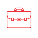 Red outline icon of a briefcase with a handle and two buckle straps on a plain white background.