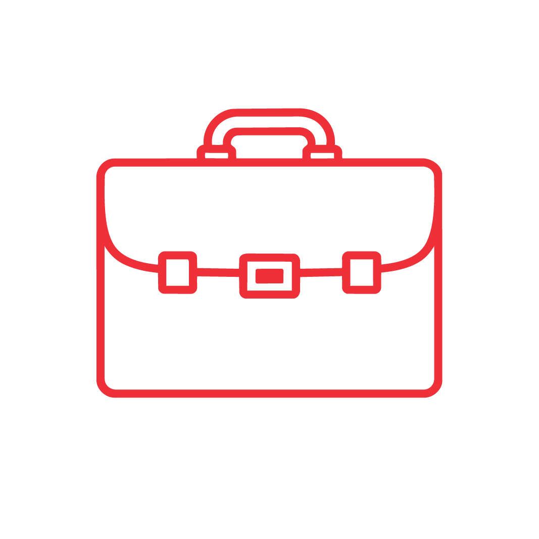 Red outline icon of a briefcase with a handle and two buckle straps on a plain white background.