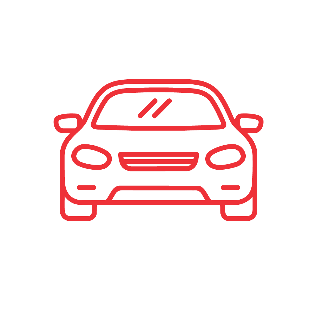 Red outline illustration of a car viewed from the front, showing headlights, windshield, side mirrors, and a grille, on a plain white background.