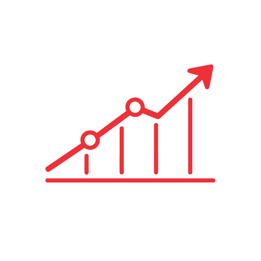 A red line graph with three data points connected by lines, showing an upward trend. The graph has vertical bars and ends with an arrow pointing up and to the right, indicating growth or progress.