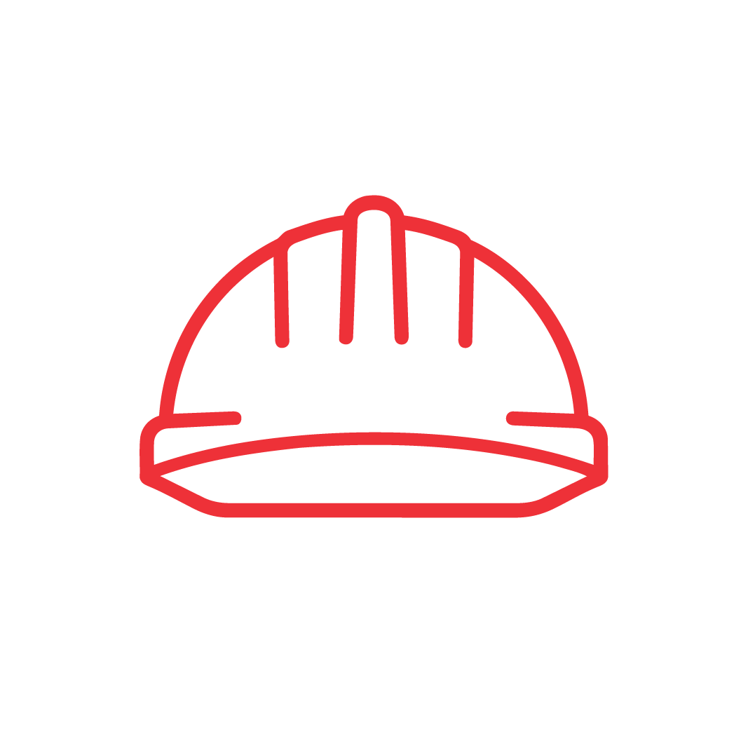 Red outline of a construction hard hat on a light gray background, depicted in a simple, minimalist style.