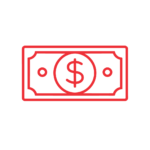 A simple red outline of a paper dollar bill with a large dollar sign ($) in the center, set against a plain white background.