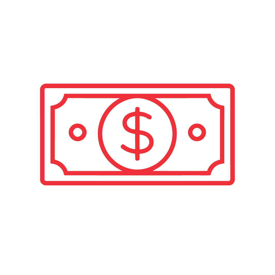 A simple red outline of a paper dollar bill with a large dollar sign ($) in the center, set against a plain white background.