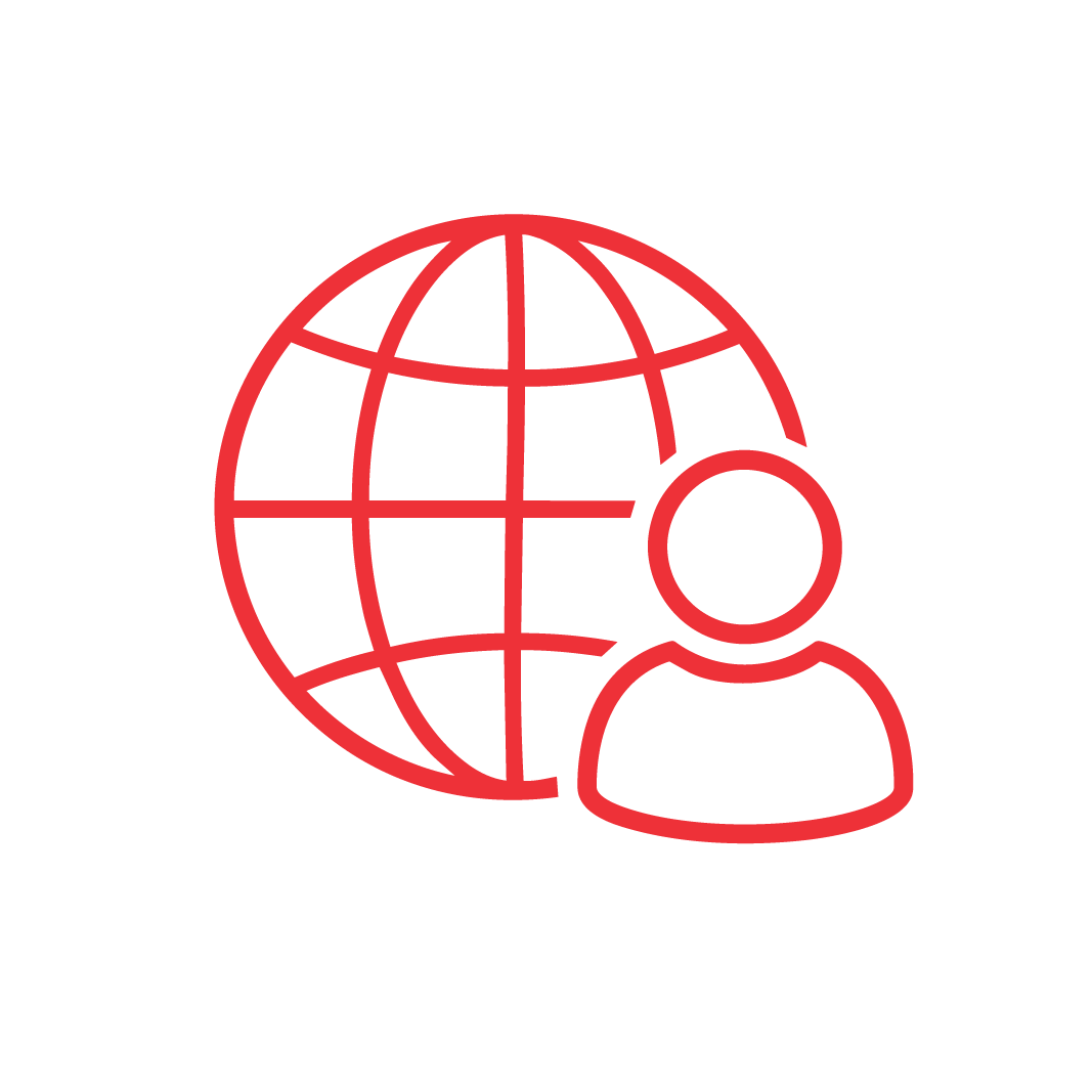 Red line drawing of a globe and a person icon on a light gray background, symbolizing global connection or international user.