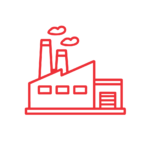 Red outline drawing of a factory building with two smokestacks and small clouds above, set against a plain white background.