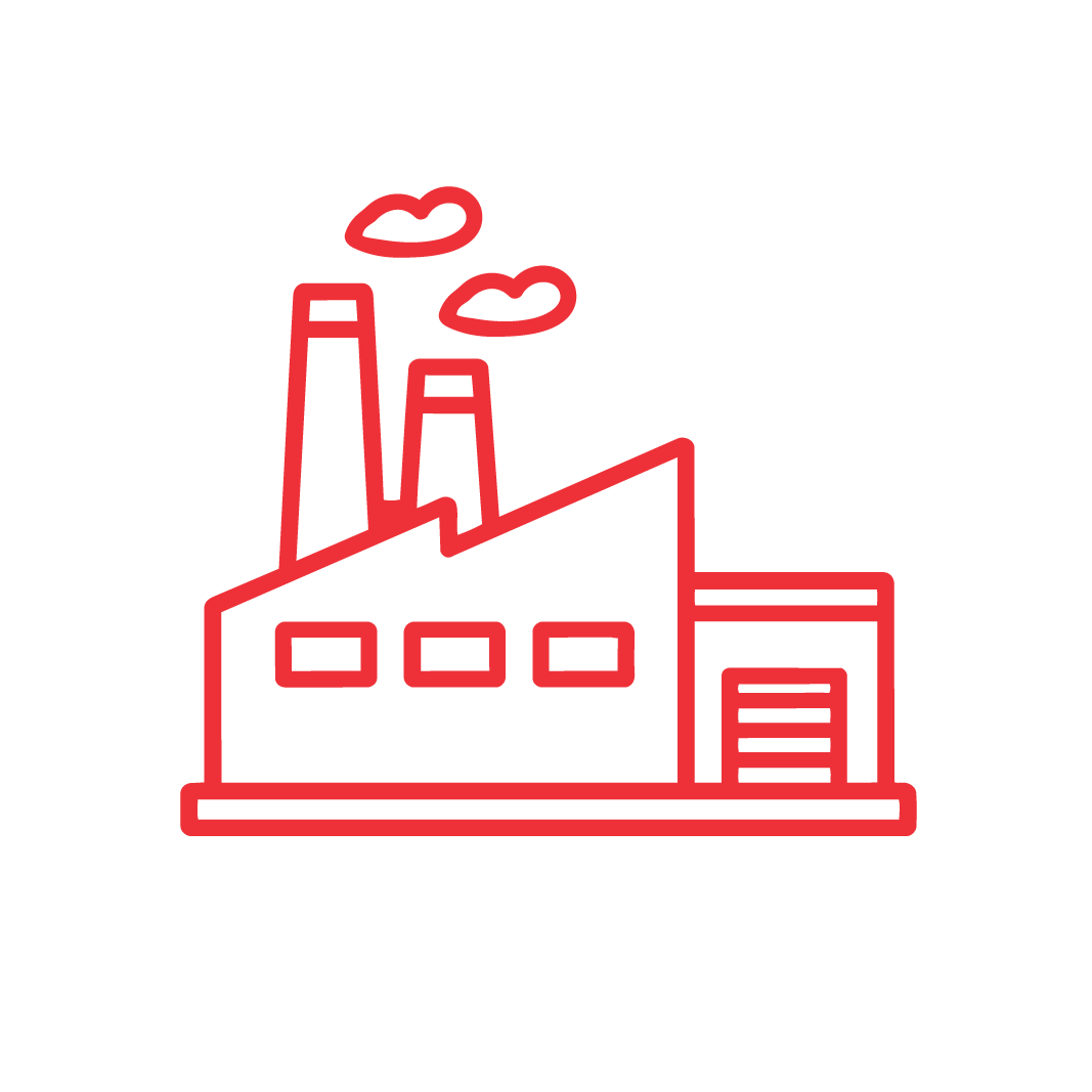 Red outline drawing of a factory building with two smokestacks and small clouds above, set against a plain white background.