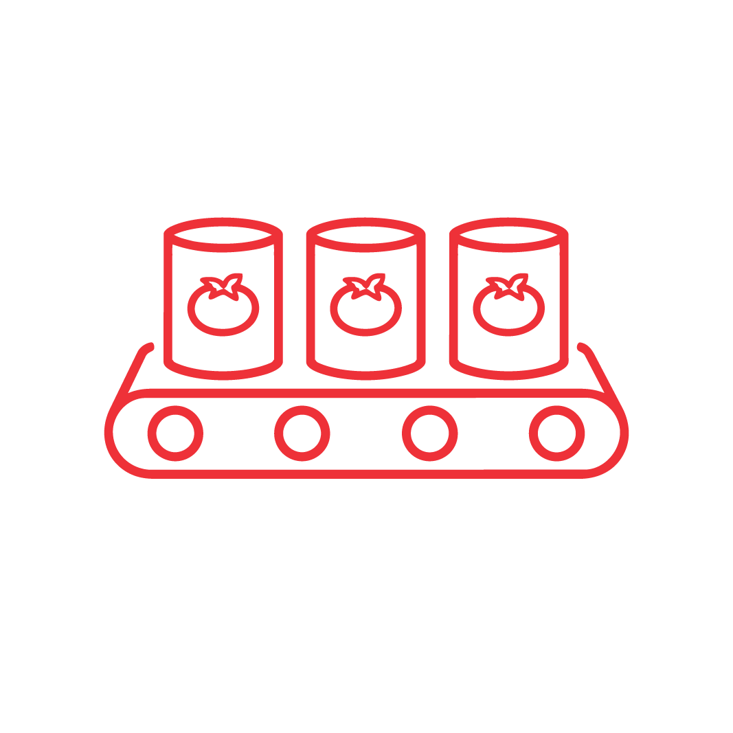 A red line drawing of three cans with tomato icons on them, placed on a conveyor belt, against a plain white background.
