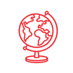 A simple red outline illustration of a globe on a stand, showing continents and lines indicating latitude and longitude, on a plain white background.
